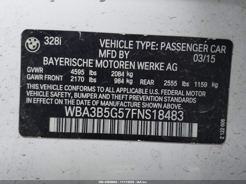 2015 BMW 328I XDRIVE WBA3B5G57FNS18483