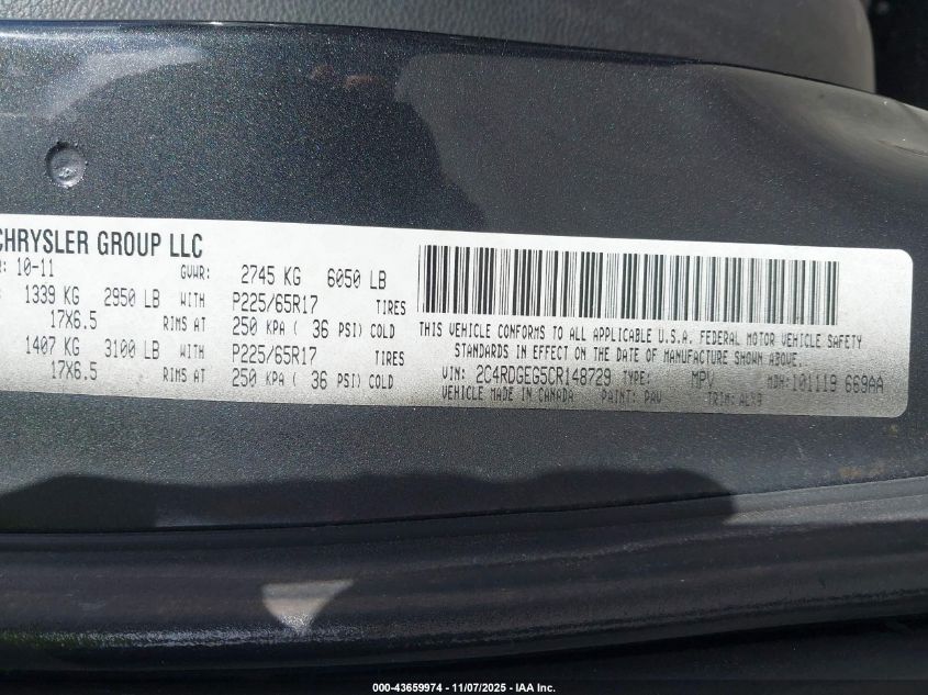 2012 Dodge Grand Caravan R/T VIN: 2C4RDGEG5CR148729 Lot: 43659974