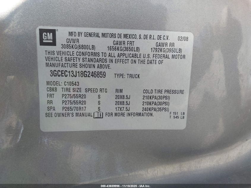 2008 Chevrolet Silverado 1500 Lt1 VIN: 3GCEC13J18G246859 Lot: 43659996