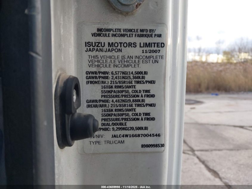 2008 Isuzu Dsl Reg VIN: JALC4W16687004546 Lot: 43659998