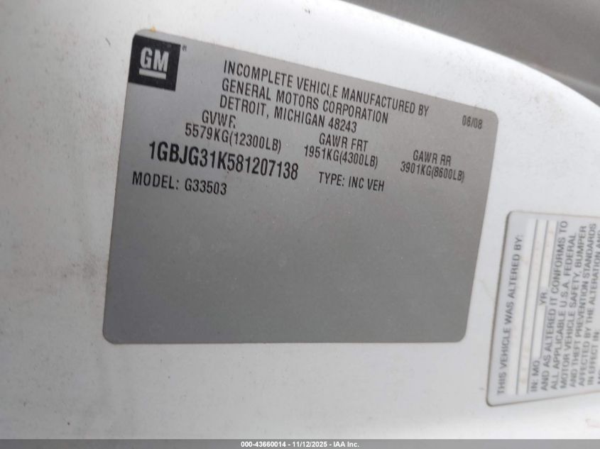 2008 Chevrolet Express Cutaway Work Van VIN: 1GBJG31K581207138 Lot: 43660014