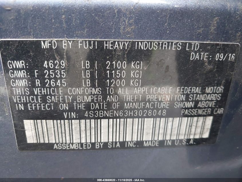 2017 Subaru Legacy 3.6R Limited VIN: 4S3BNEN63H3028048 Lot: 43660020