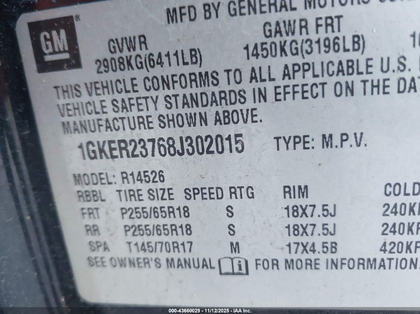 2008 GMC Acadia Slt-1 VIN: 1GKER23768J302015 Lot: 43660029