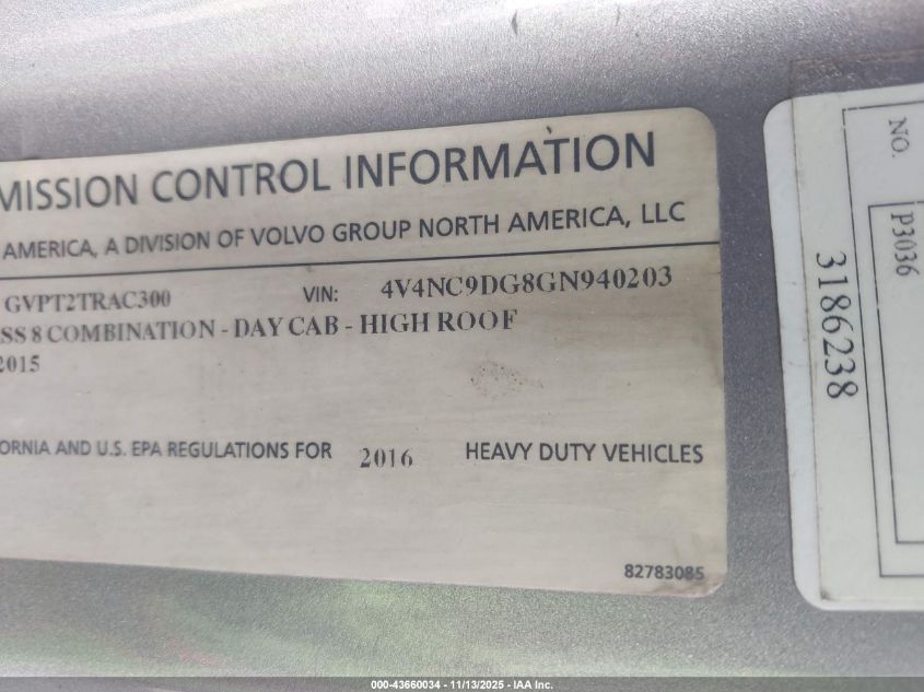 2016 Volvo Vn Vnl VIN: 4V4NC9DG8GN940203 Lot: 43660034