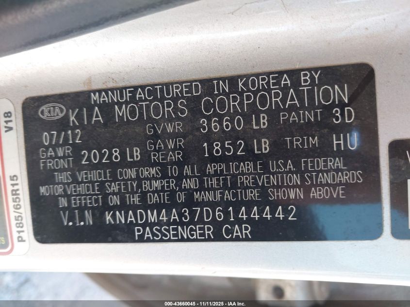 2013 Kia Rio Lx VIN: KNADM4A37D6144442 Lot: 43660045