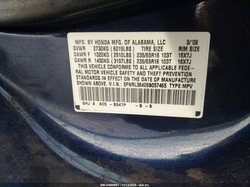 2008 Honda Odyssey Ex VIN: 5FNRL38428B057465 Lot: 43660051