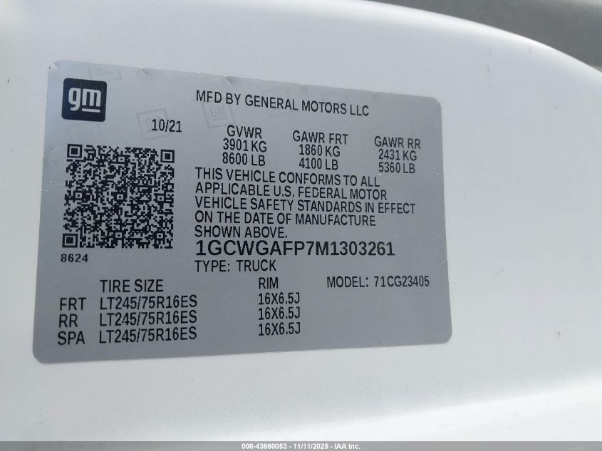 2021 Chevrolet Express Cargo Rwd 2500 Regular Wheelbase Wt VIN: 1GCWGAFP7M1303261 Lot: 43660053