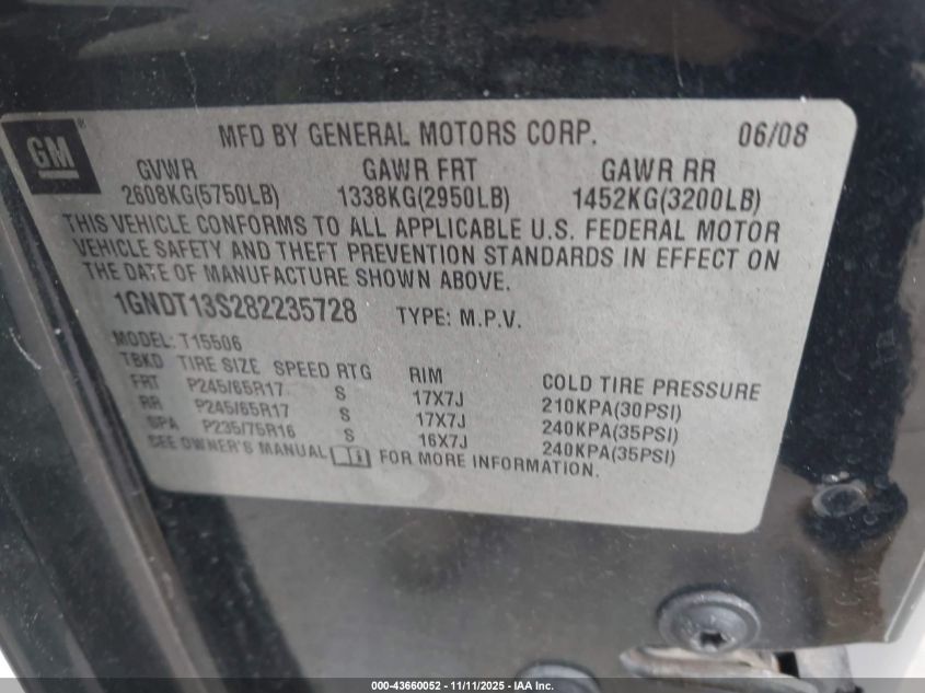 2008 Chevrolet Trailblazer Fleet VIN: 1GNDT13S282235728 Lot: 43660052