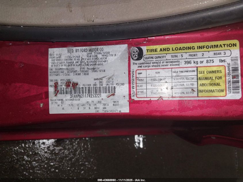 2007 Ford Fusion Sel VIN: 3FAHP02117R253221 Lot: 43660060