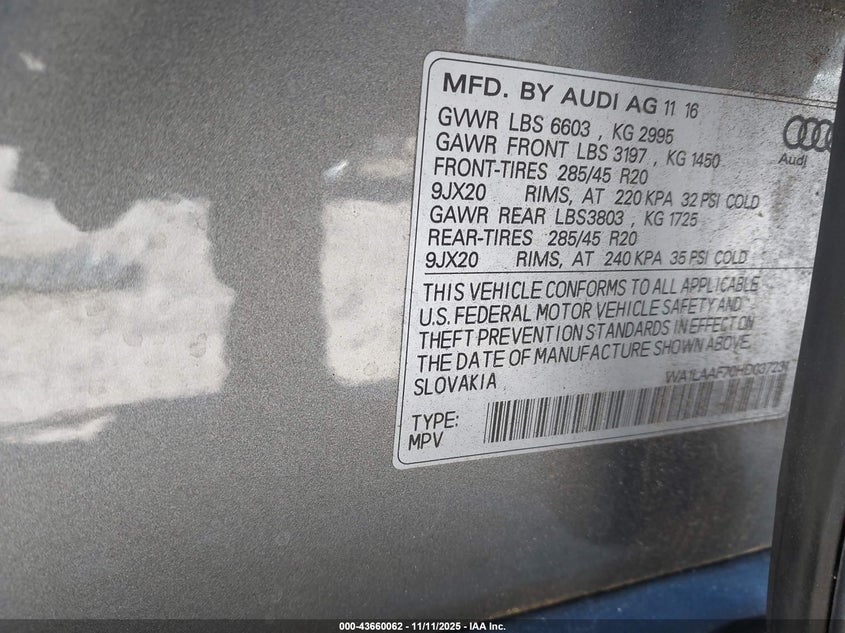 2017 Audi Q7 3.0T Premium VIN: WA1LAAF70HD037231 Lot: 43660062