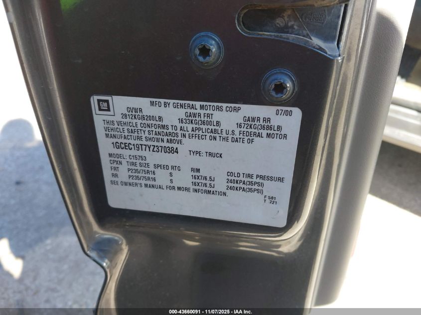 2000 Chevrolet Silverado 1500 Ls VIN: 1GCEC19T7YZ370384 Lot: 43660091