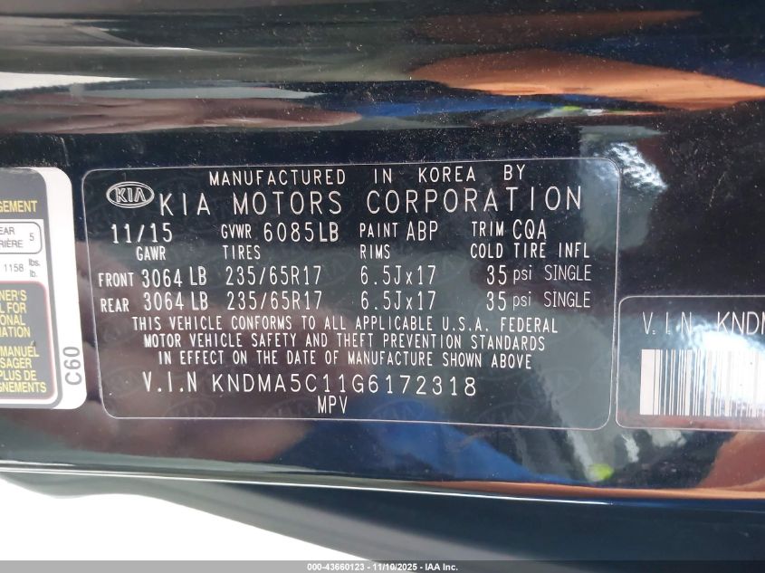 2016 Kia Sedona L VIN: KNDMA5C11G6172318 Lot: 43660123