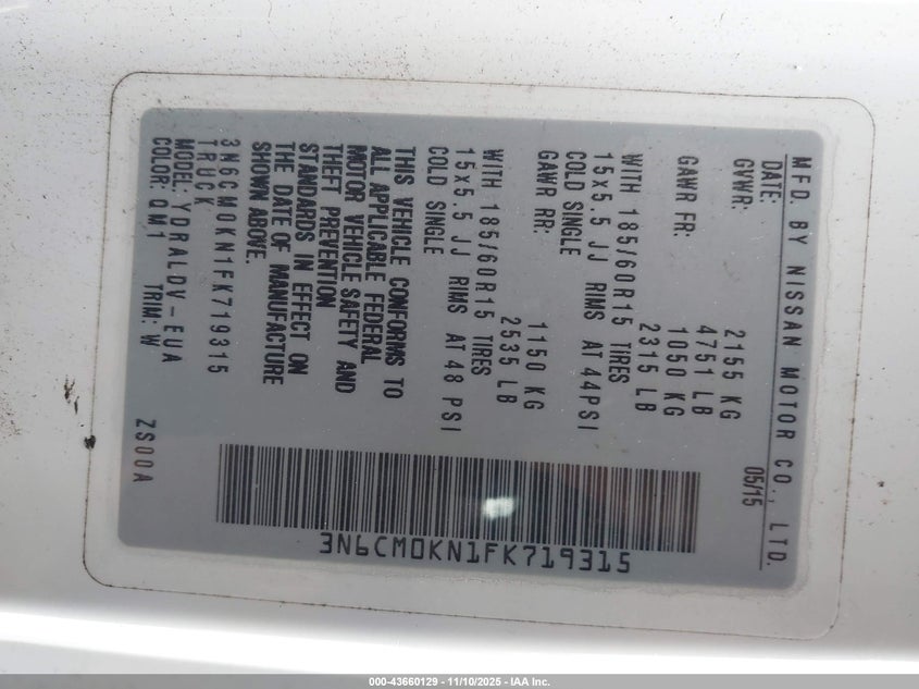 2015 Nissan Nv200 S VIN: 3N6CM0KN1FK719315 Lot: 43660129