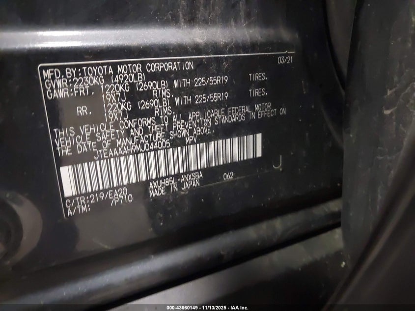 2021 TOYOTA VENZA LIMITED JTEAAAAH9MJ044005