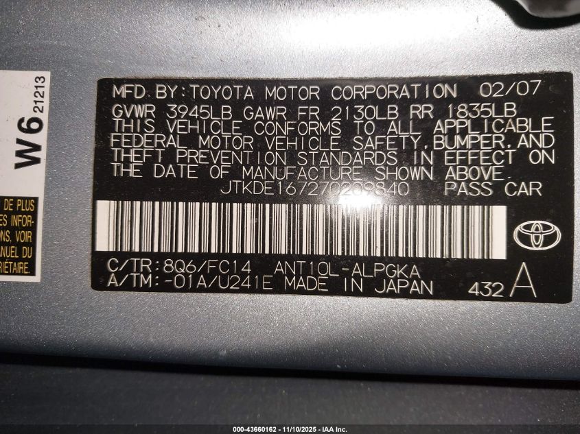 2007 Scion Tc VIN: JTKDE167270209840 Lot: 43660162