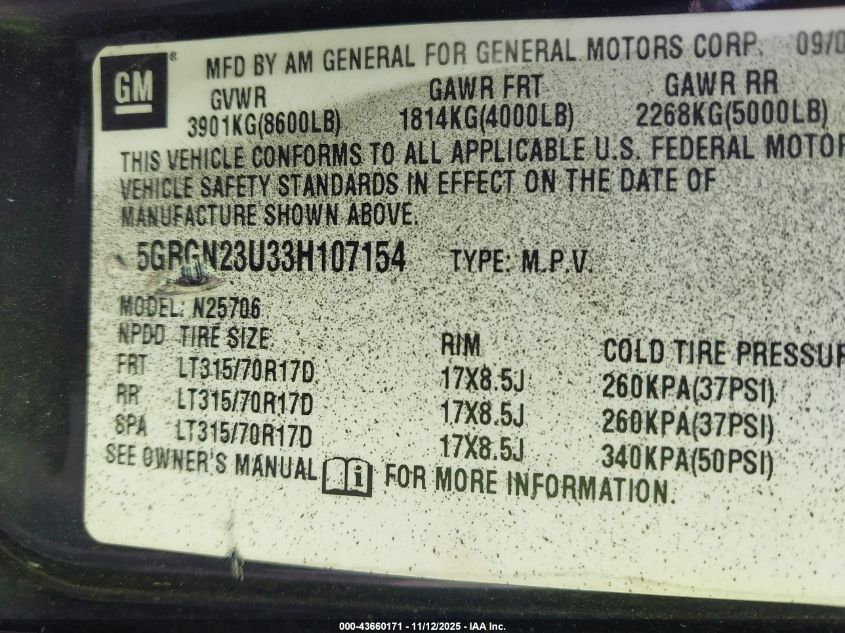 2003 Hummer H2 VIN: 5GRGN23U33H107154 Lot: 43660171