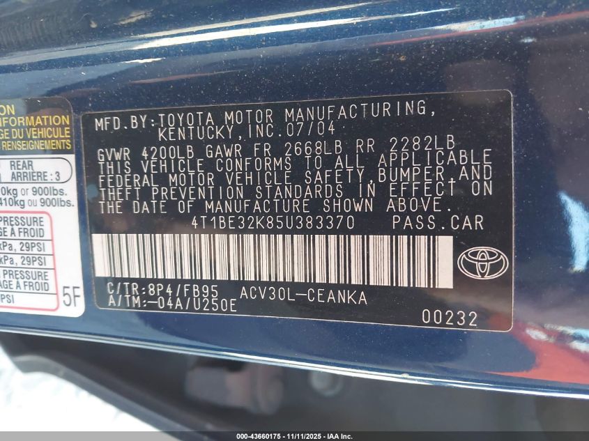 2005 Toyota Camry Le VIN: 4T1BE32K85U383370 Lot: 43660175