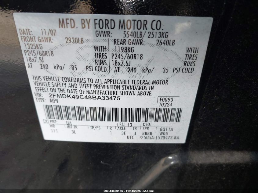 2008 Ford Edge Limited VIN: 2FMDK49C48BA33475 Lot: 43660176