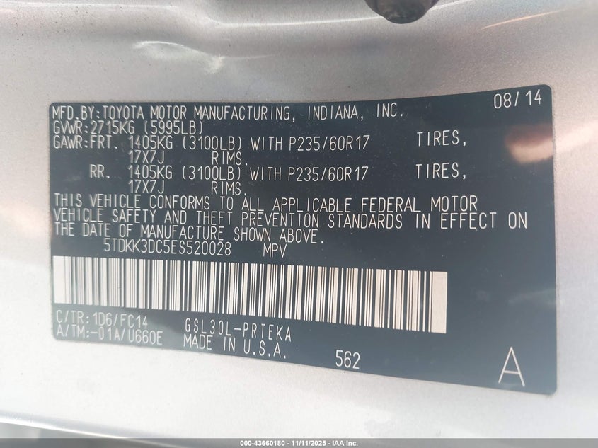5TDKK3DC5ES520028 2014 TOYOTA SIENNA photo no. 9