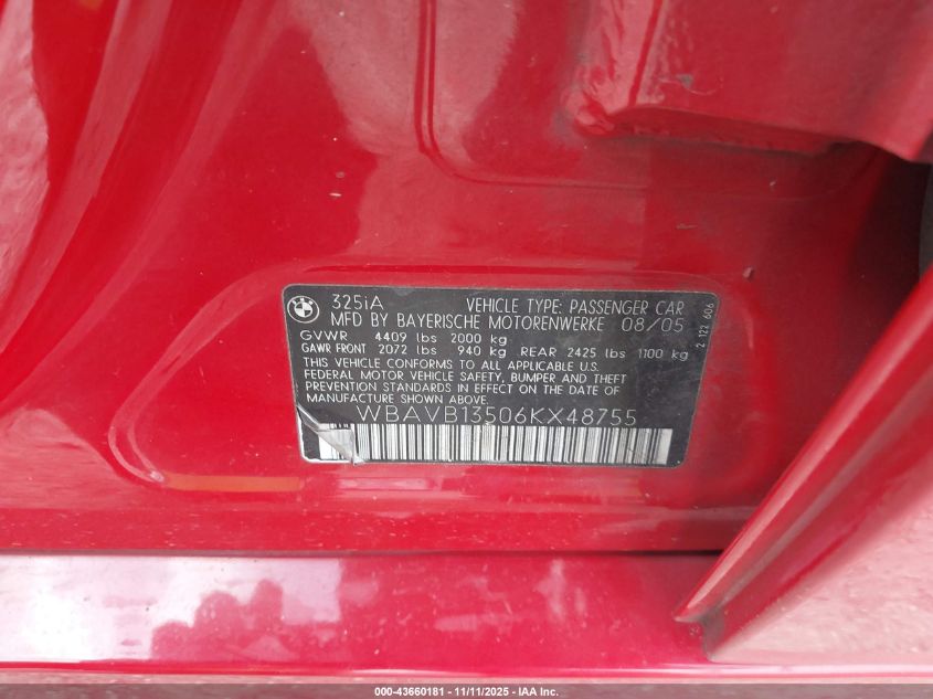 2006 BMW 325I VIN: WBAVB13506KX48755 Lot: 43660181