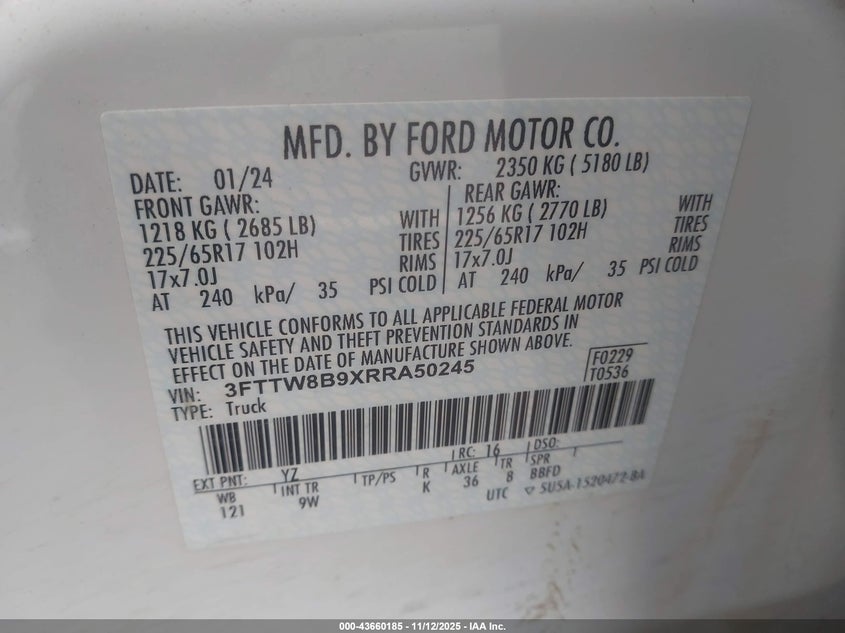 2024 Ford Maverick Xl VIN: 3FTTW8B9XRRA50245 Lot: 43660185