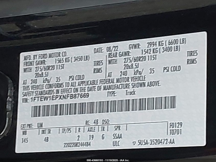 2022 Ford F-150 Xlt VIN: 1FTEW1EPXNFB87669 Lot: 43660193