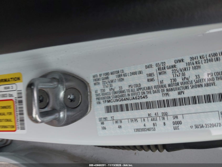 2022 Ford Escape Se VIN: 1FMCU9G64NUA62545 Lot: 43660201