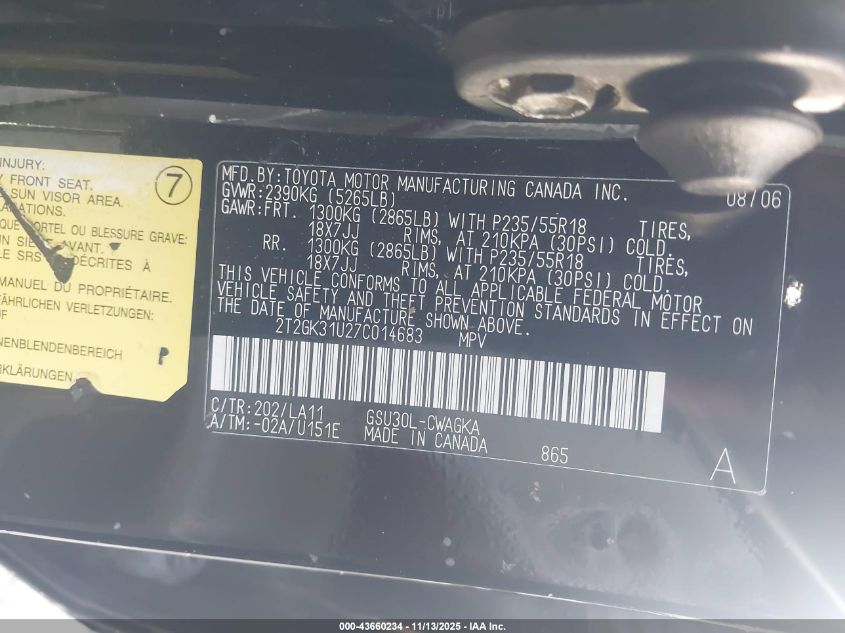 2007 Lexus Rx 350 VIN: 2T2GK31U27C014683 Lot: 43660234