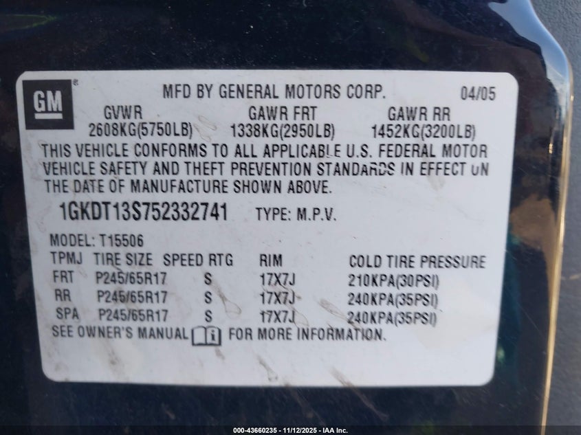 2005 GMC Envoy Slt VIN: 1GKDT13S752332741 Lot: 43660235