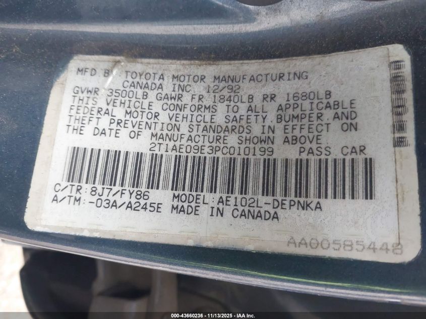 1993 Toyota Corolla Le/Dx VIN: 2T1AE09E3PC010199 Lot: 43660236