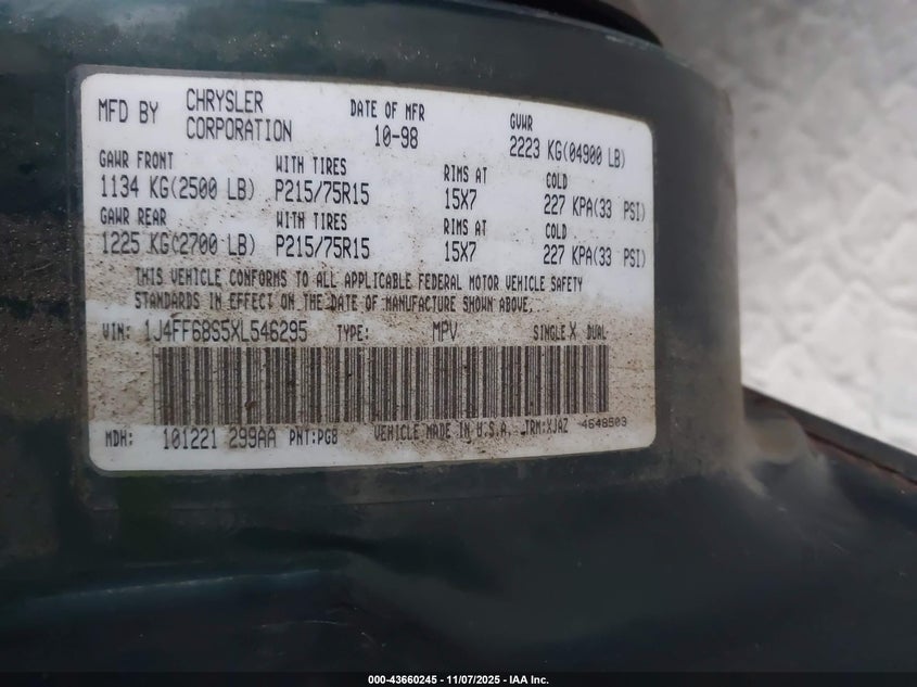 1999 Jeep Cherokee Classic/Sport VIN: 1J4FF68S5XL546295 Lot: 43660245