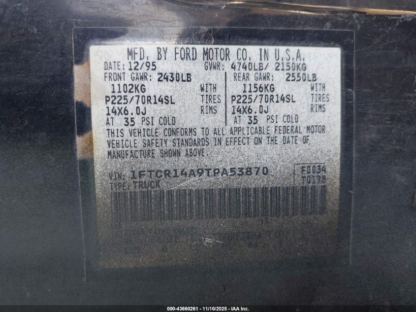 1996 Ford Ranger Super Cab VIN: 1FTCR14A9TPA53870 Lot: 43660261