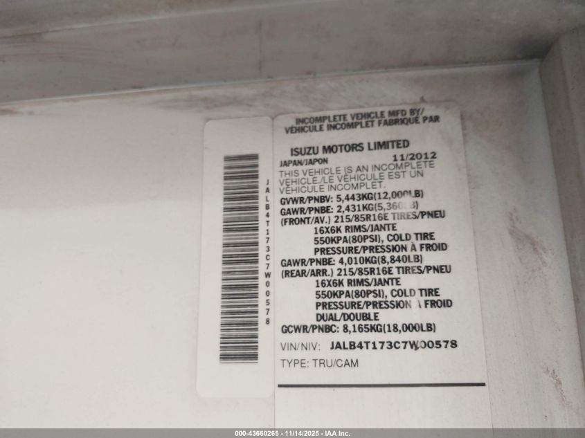 2012 Isuzu Commercial Van VIN: JALB4T173C7W00578 Lot: 43660265