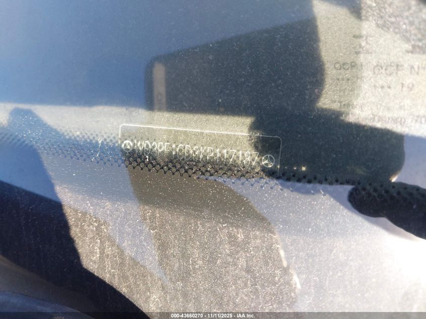 2019 Mercedes-Benz Sprinter 2500 High Roof V6 VIN: WD3PF1CD3KP117187 Lot: 43660270