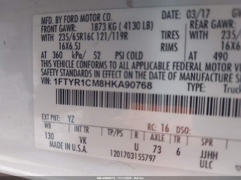 2017 Ford Transit-250 VIN: 1FTYR1CM8HKA90768 Lot: 43660274