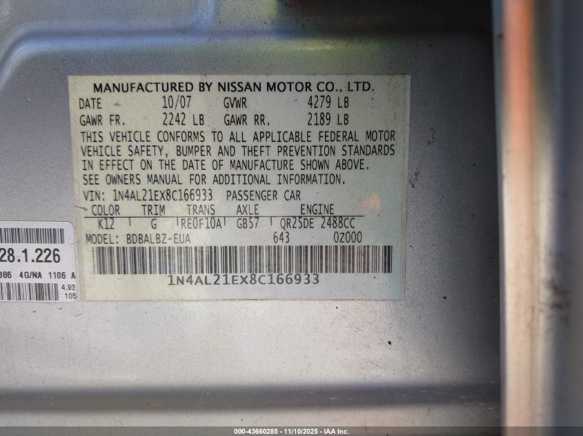 2008 Nissan Altima 2.5 S VIN: 1N4AL21EX8C166933 Lot: 43660285