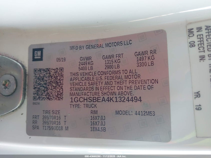 2019 Chevrolet Colorado Wt VIN: 1GCHSBEA4K1324494 Lot: 43660290