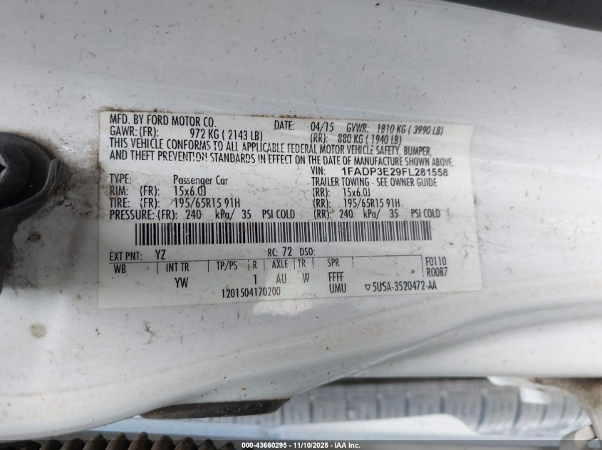 2015 Ford Focus S VIN: 1FADP3E29FL281558 Lot: 43660295