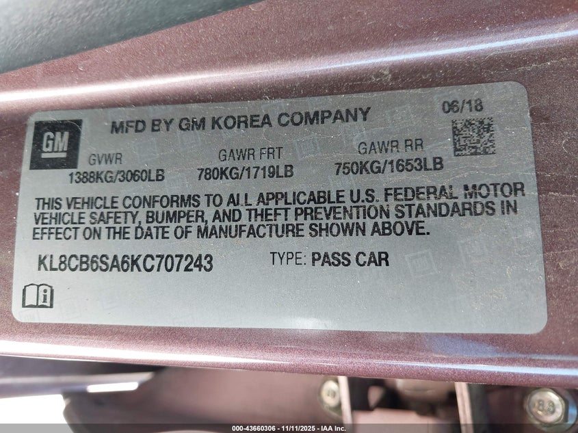 2019 Chevrolet Spark Ls Cvt VIN: KL8CB6SA6KC707243 Lot: 43660306