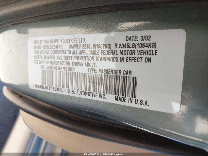 2002 Subaru Outback Limited VIN: 4S3BH686927655023 Lot: 43660328