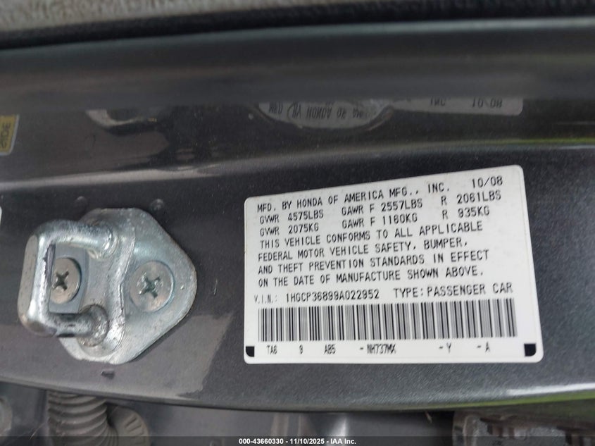 1HGCP36899A022952 2009 HONDA ACCORD photo no. 9