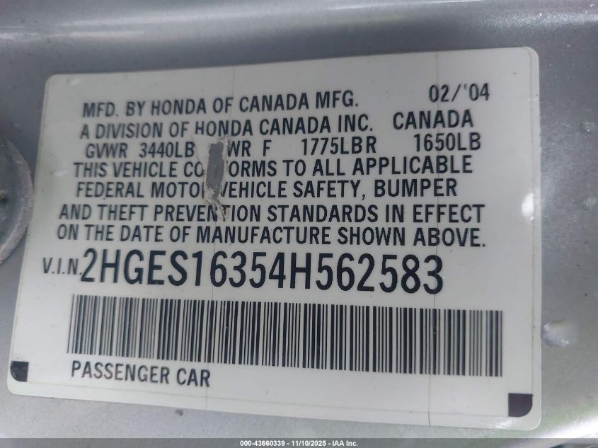 2004 Honda Civic Vp VIN: 2HGES16354H562583 Lot: 43660339