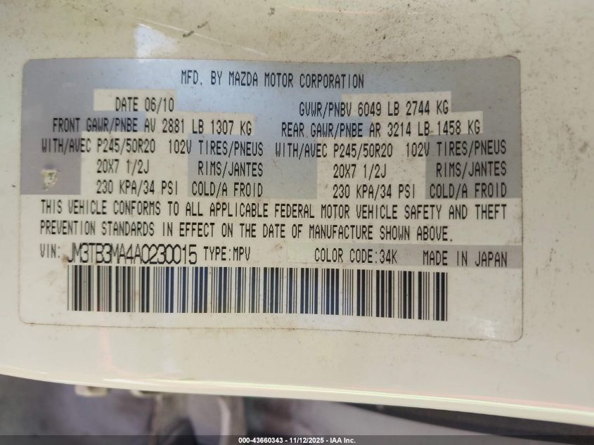 2010 Mazda Cx-9 Grand Touring VIN: JM3TB3MA4A0230015 Lot: 43660343