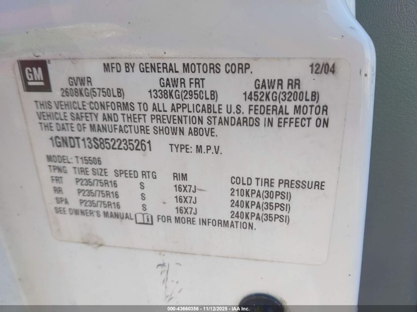 2005 Chevrolet Trailblazer Ls VIN: 1GNDT13S852235261 Lot: 43660356