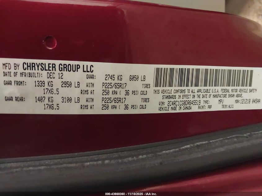 2013 Chrysler Town & Country Touring-L VIN: 2C4RC1CG8DR645519 Lot: 43660360