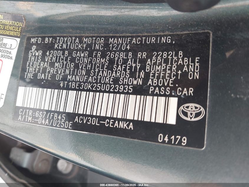 2005 Toyota Camry Le VIN: 4T1BE30K25U023935 Lot: 43660365