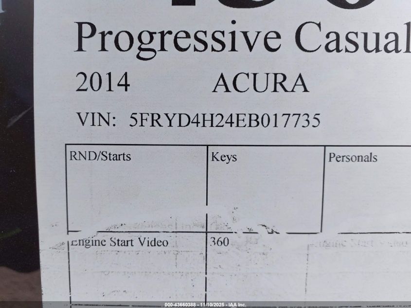 2014 Acura Mdx VIN: 5FRYD4H24EB017735 Lot: 43660388