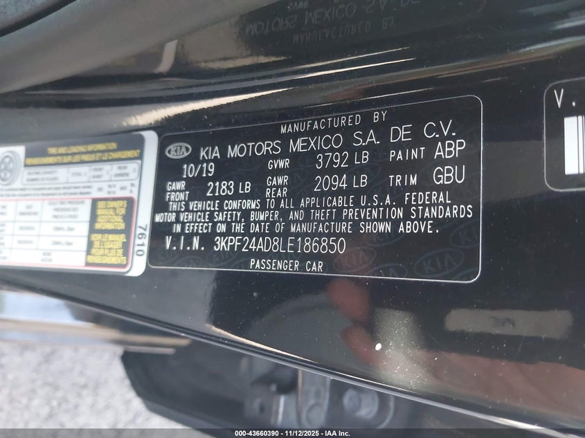 2020 Kia Forte VIN: 3KPE24AD8LE186850 Lot: 43660390
