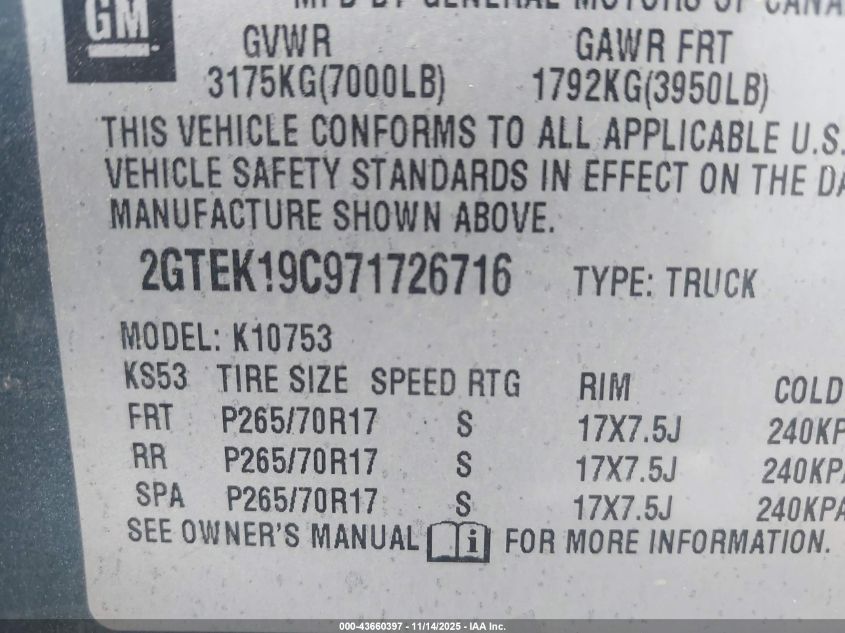2007 GMC Sierra 1500 Work Truck VIN: 2GTEK19C971726716 Lot: 43660397