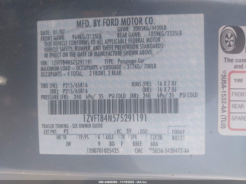 2007 Ford Mustang V6 Deluxe/V6 Premium VIN: 1ZVFT84N575291191 Lot: 43660398